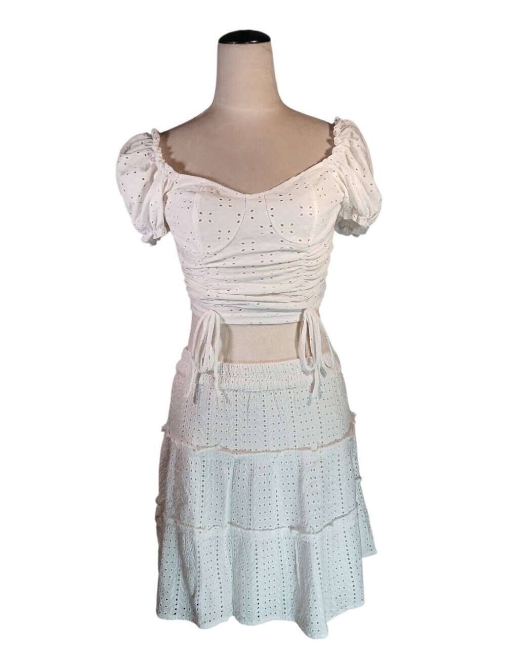2 Piece Crop Top & Mini Skirt White Eyelet Lace Sz M